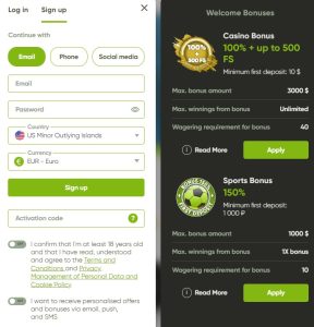 Registration on the Fresh Casino website